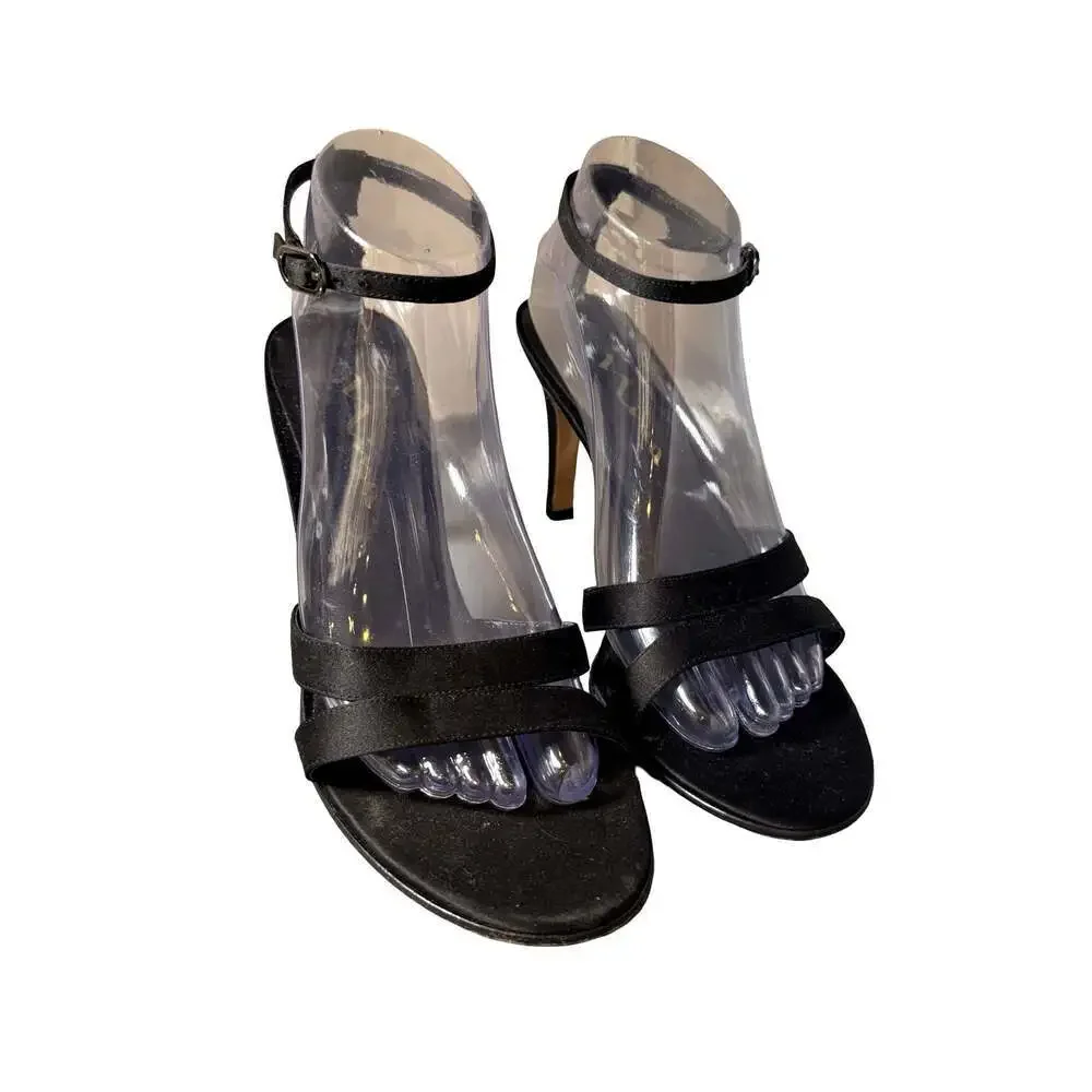 Nina Black Satin Heeled Sandals with Double Straps size 9